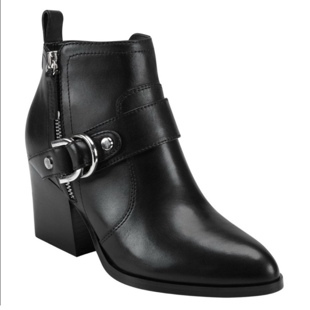 Marc Fisher Leather Victa Harness Buckle Block Chunky Heel Ankle Boots Sz 9.5